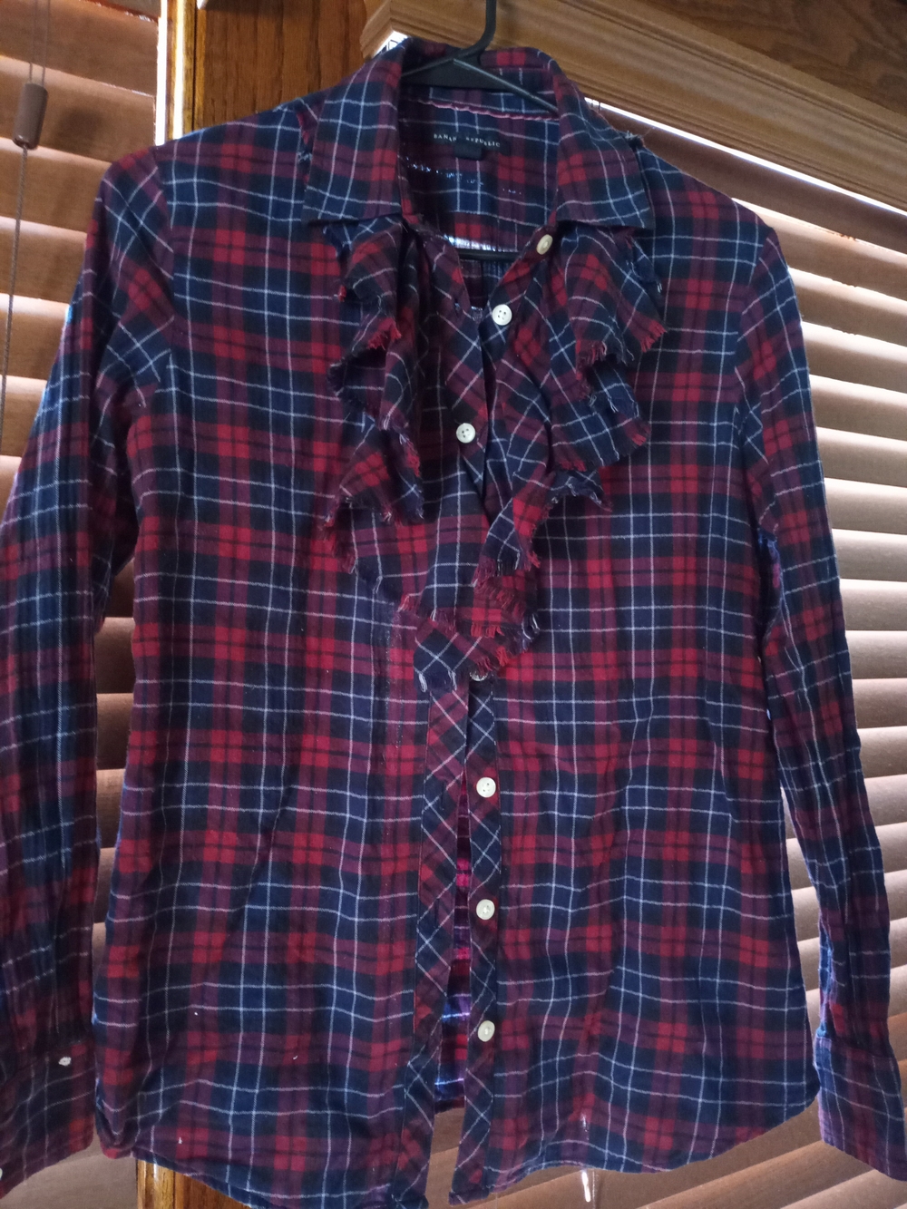 Womens Vintage Plaid Ruffle-Front Button Shirt - Red & Navy